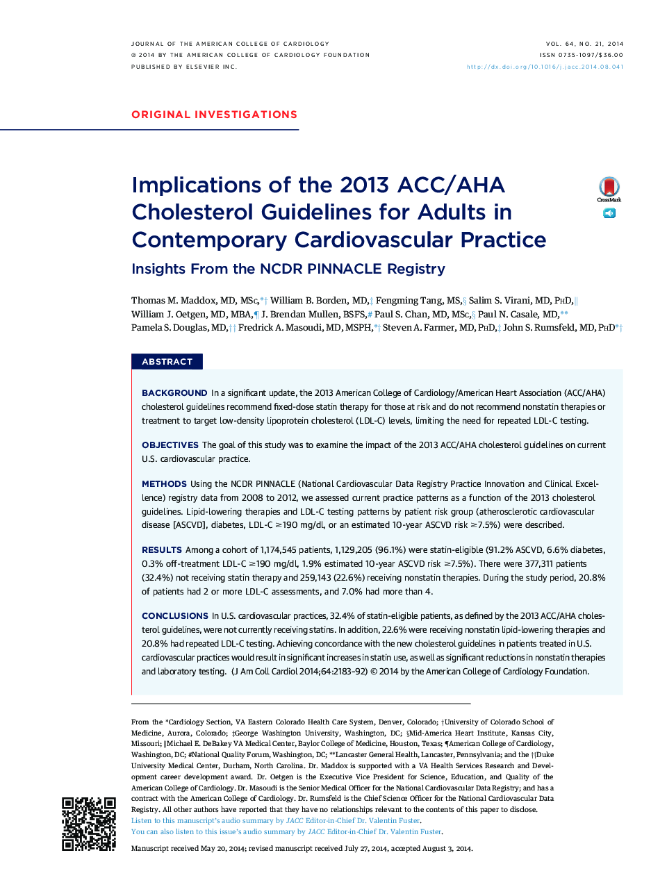 Implications of the 2013 ACC/AHA Cholesterol Guidelines for Adults in Contemporary Cardiovascular Practice : Insights From the NCDR PINNACLE Registry