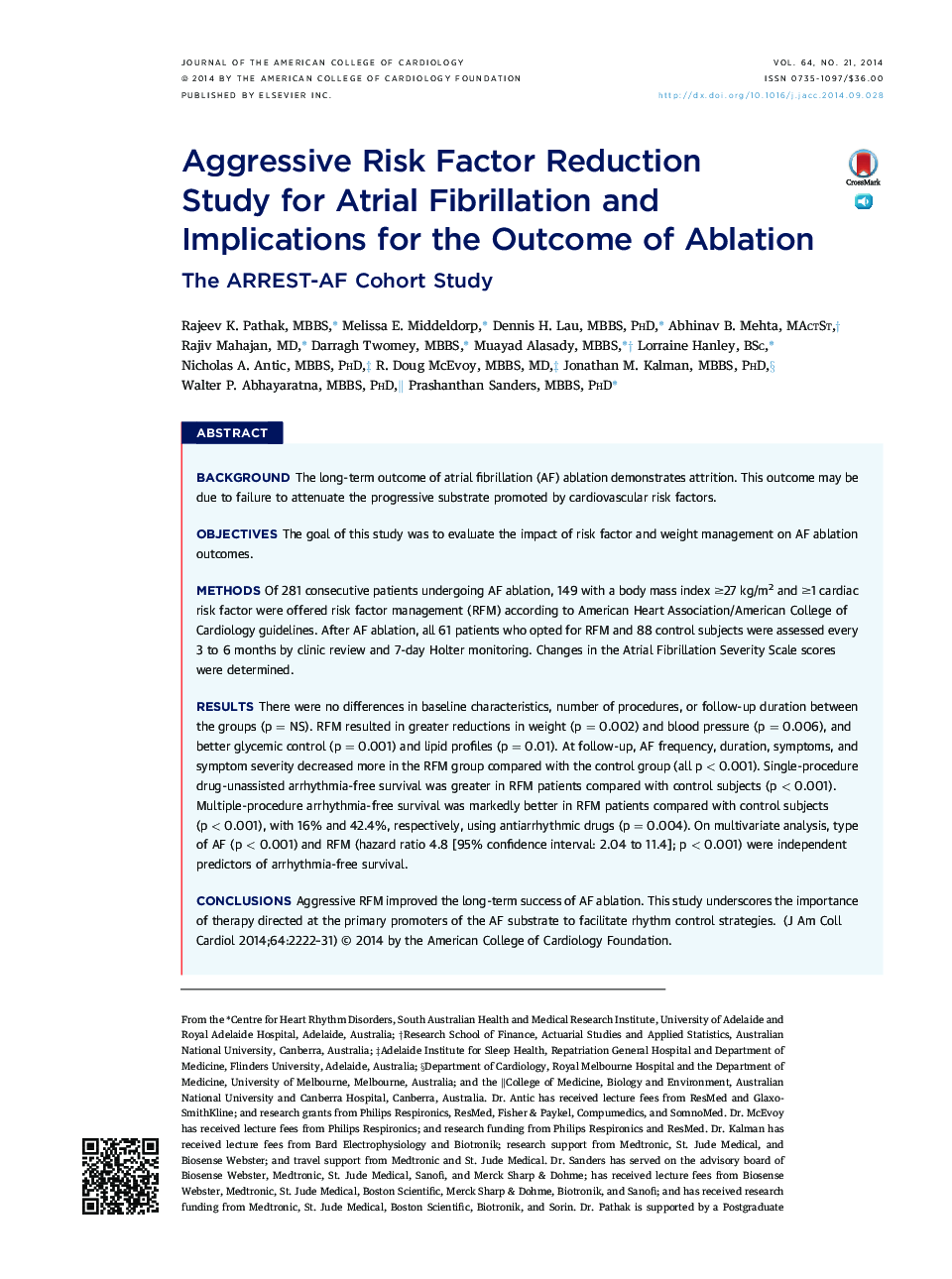 Aggressive Risk Factor Reduction Study for Atrial Fibrillation and Implications for the Outcome of Ablation : The ARREST-AF Cohort Study