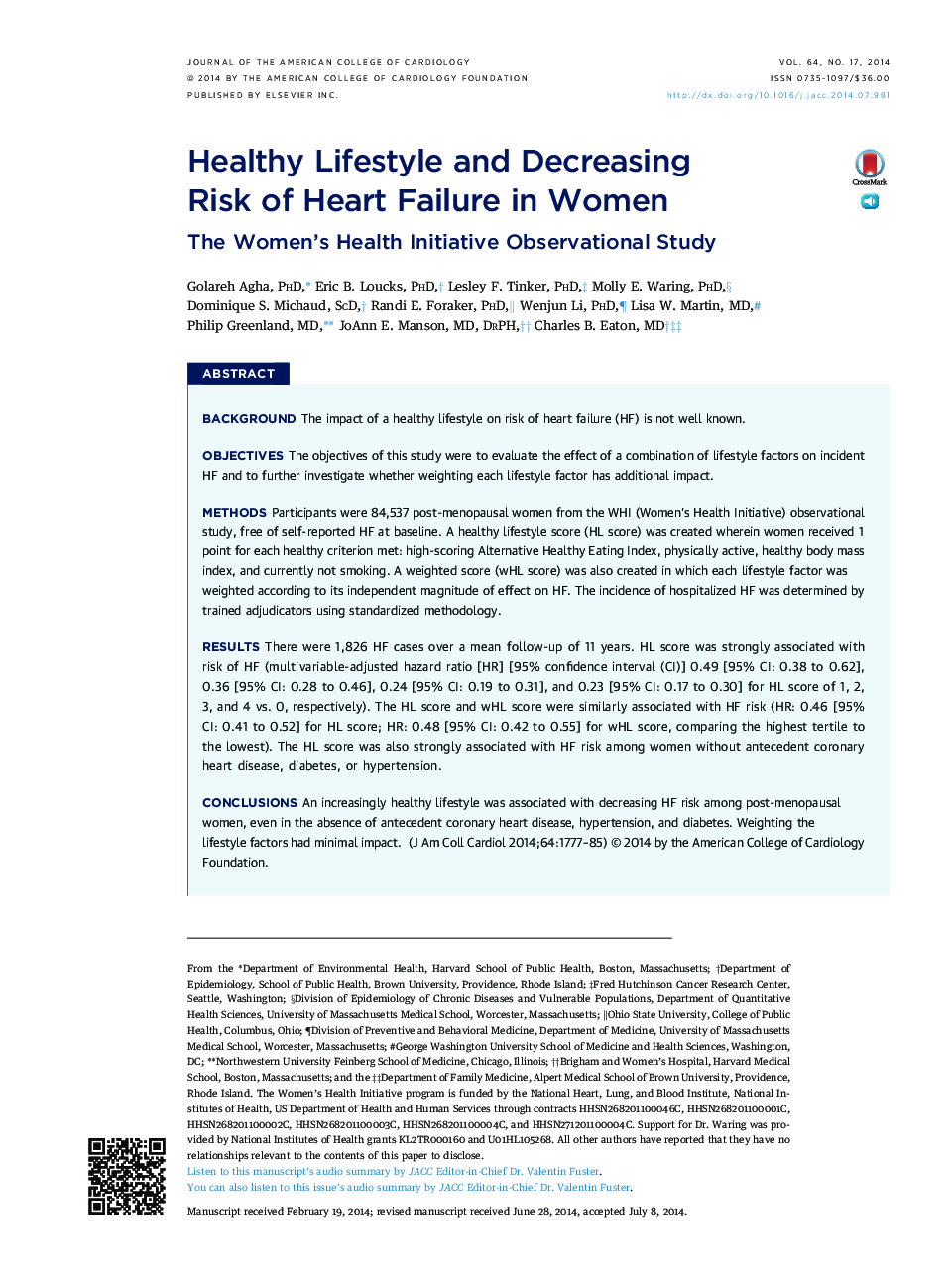 Healthy Lifestyle and Decreasing Risk of Heart Failure in Women : The Women's Health Initiative Observational Study