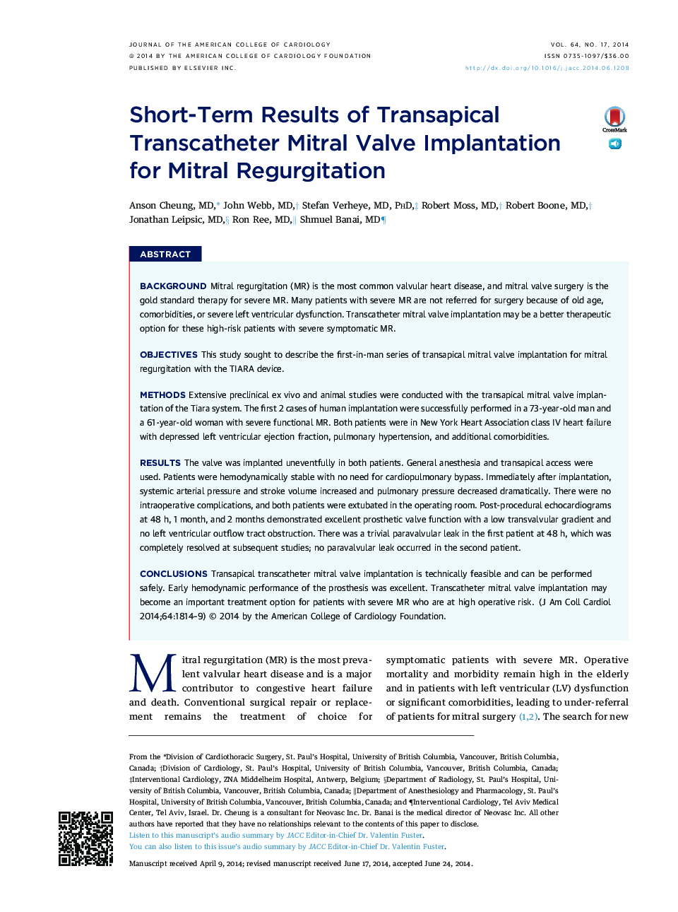 Short-Term Results of Transapical Transcatheter Mitral Valve Implantation for Mitral Regurgitation 