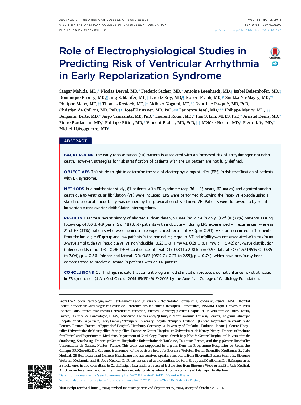 Role of Electrophysiological Studies in Predicting Risk of Ventricular Arrhythmia in Early Repolarization Syndrome 