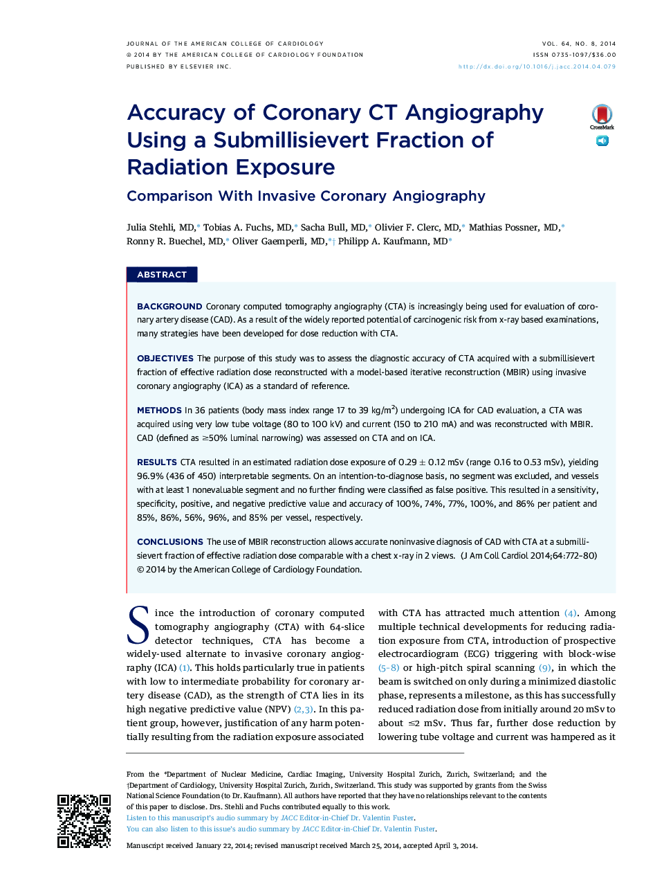 Accuracy of Coronary CT Angiography Using a Submillisievert Fraction of Radiation Exposure : Comparison With Invasive Coronary Angiography