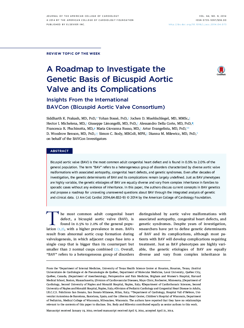 عکس صفحه اول مقاله: A Roadmap to Investigate the Genetic Basis of Bicuspid Aortic Valve and its Complications : Insights From the International BAVCon (Bicuspid Aortic Valve Consortium) A Roadmap to Investigate the Genetic Basis of Bicuspid Aortic Valve and its Complications : Insights From the International BAVCon (Bicuspid Aortic Valve Consortium)