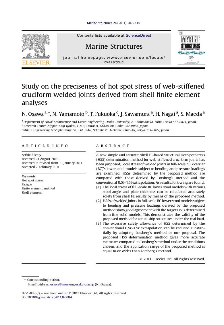 Study on the preciseness of hot spot stress of web-stiffened cruciform welded joints derived from shell finite element analyses