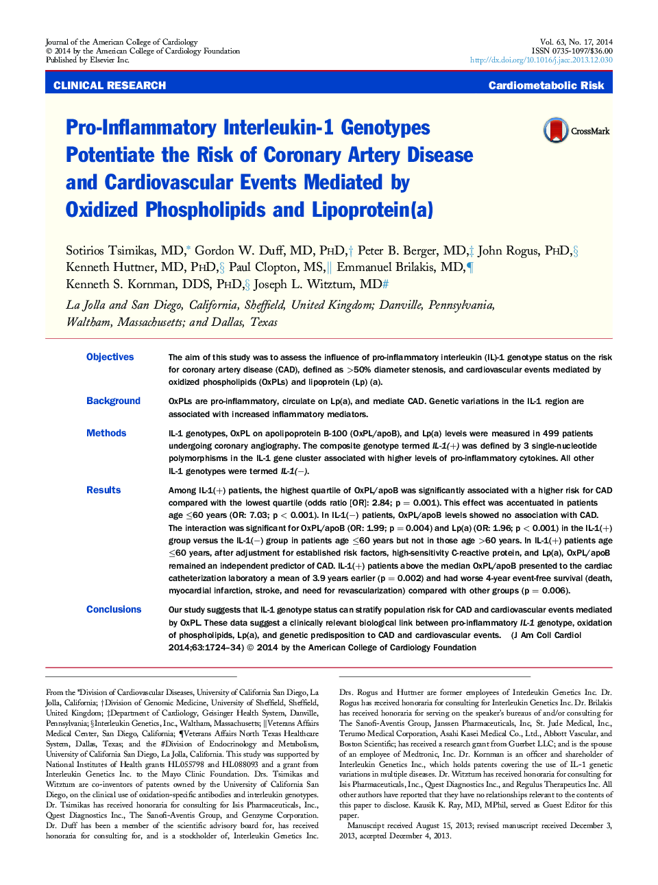 Pro-Inflammatory Interleukin-1 Genotypes Potentiate the Risk of Coronary Artery Disease and Cardiovascular Events Mediated by Oxidized Phospholipids and Lipoprotein(a) 