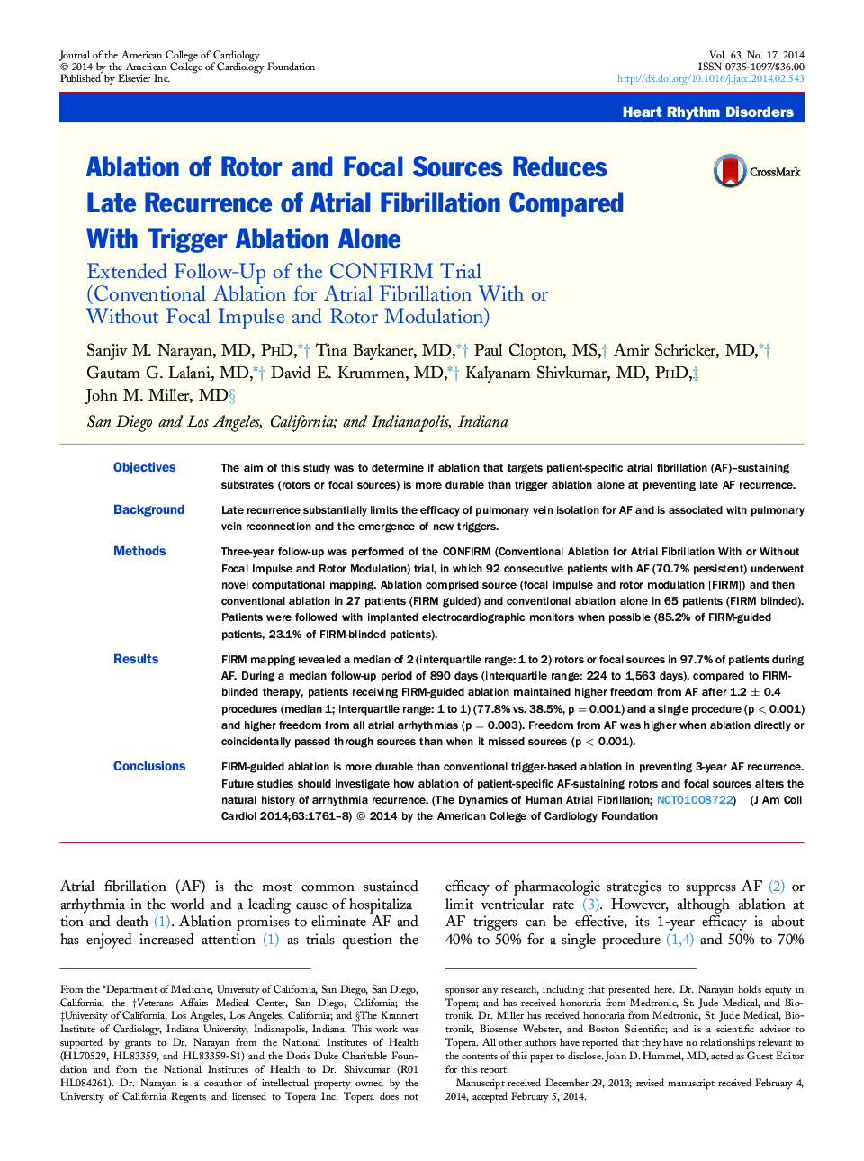 Ablation of Rotor and Focal Sources Reduces Late Recurrence of Atrial Fibrillation Compared With Trigger Ablation Alone : Extended Follow-Up of the CONFIRM Trial (Conventional Ablation for Atrial Fibrillation With or Without Focal Impulse and Rotor Modula