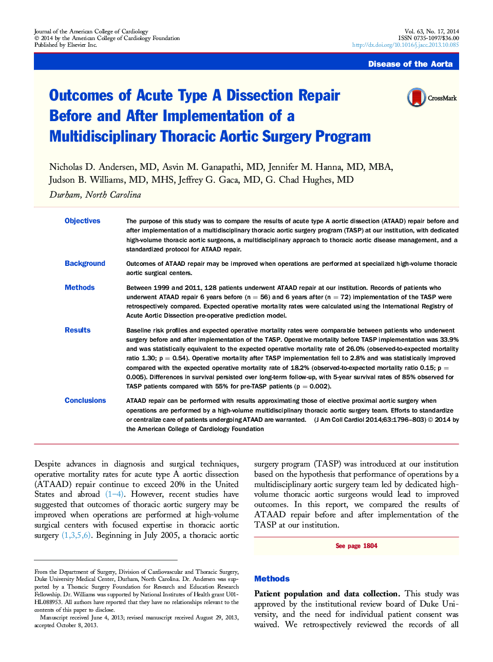 Outcomes of Acute Type A Dissection Repair Before and After Implementation of a Multidisciplinary Thoracic Aortic Surgery Program 