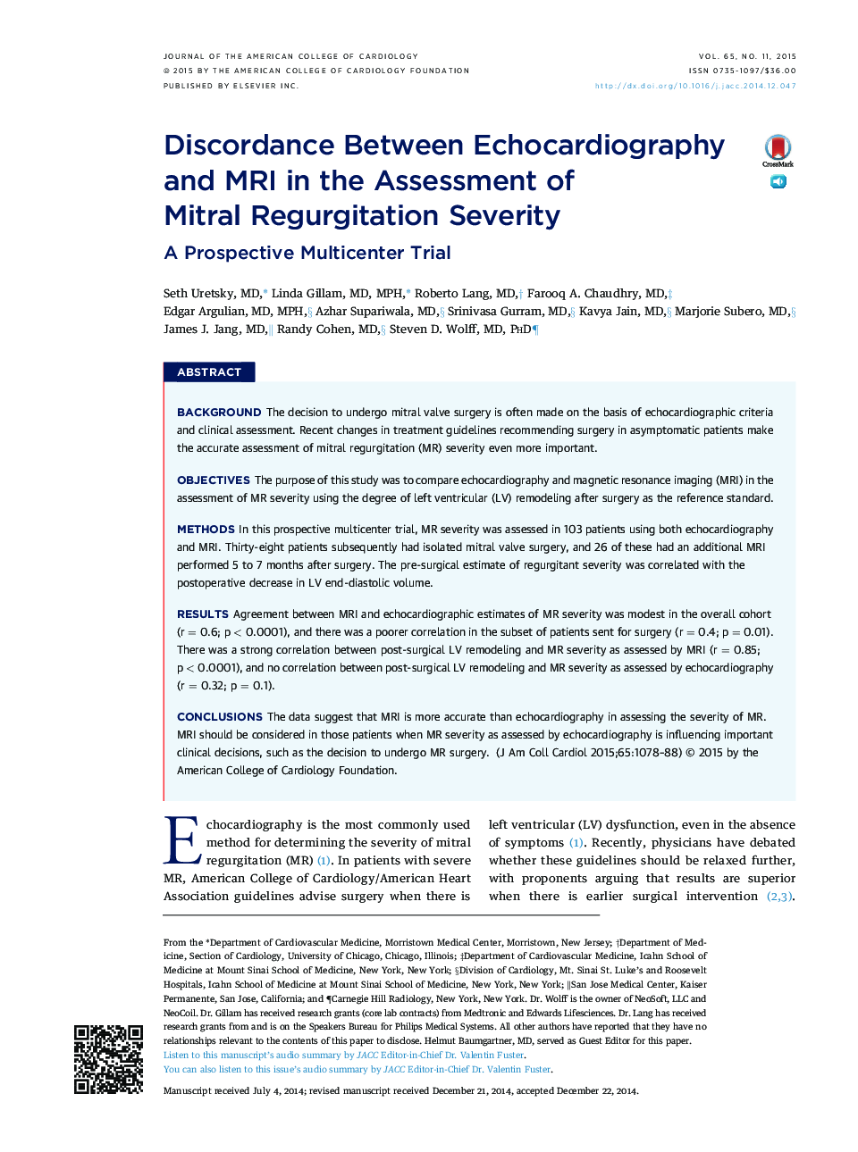 Discordance Between Echocardiography and MRI in the Assessment of Mitral Regurgitation Severity : A Prospective Multicenter Trial