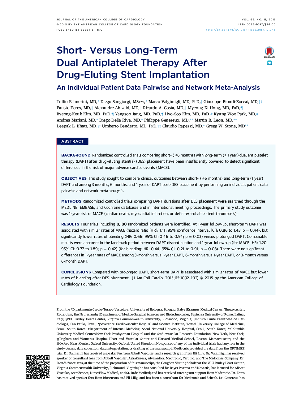 Short- Versus Long-Term Dual Antiplatelet Therapy After Drug-Eluting Stent Implantation : An Individual Patient Data Pairwise and Network Meta-Analysis