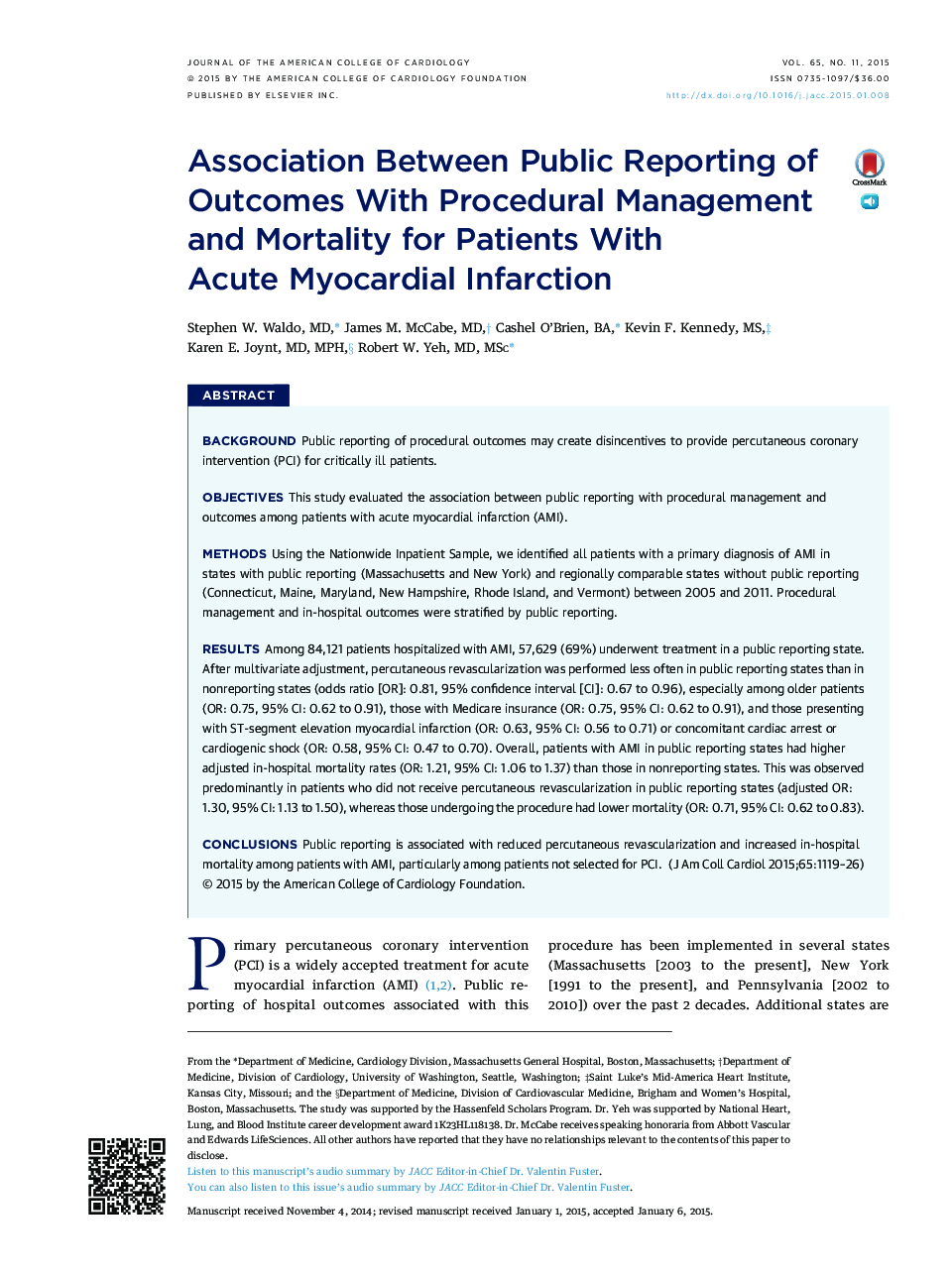 Association Between Public Reporting of Outcomes With Procedural Management and Mortality for Patients With Acute Myocardial Infarction 