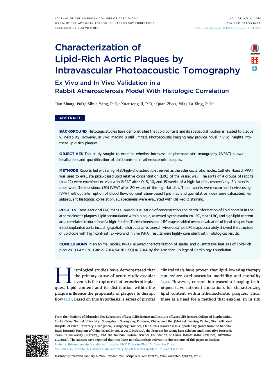 Characterization of Lipid-Rich Aortic Plaques by Intravascular Photoacoustic Tomography : Ex Vivo and In Vivo Validation in a Rabbit Atherosclerosis Model With Histologic Correlation