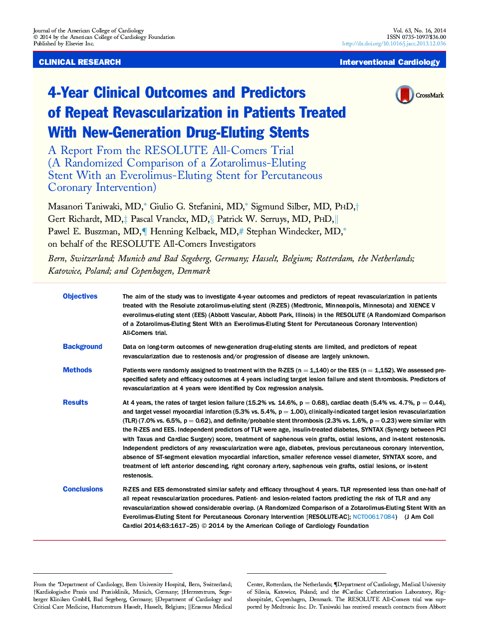 4-Year Clinical Outcomes and Predictors of Repeat Revascularization in Patients Treated With New-Generation Drug-Eluting Stents : A Report From the RESOLUTE All-Comers Trial (A Randomized Comparison of a Zotarolimus-Eluting Stent With an Everolimus-Elutin