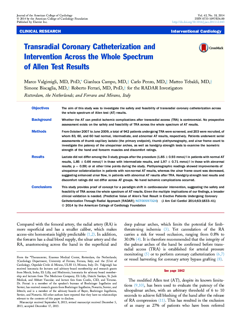 Transradial Coronary Catheterization and Intervention Across the Whole Spectrum of Allen Test Results 