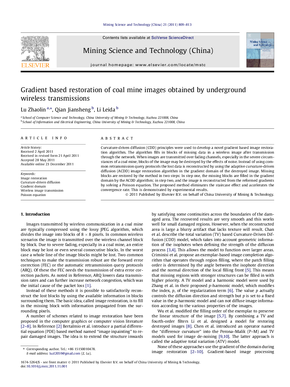 Gradient based restoration of coal mine images obtained by underground wireless transmissions