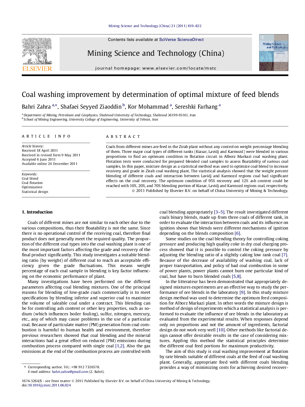 Coal washing improvement by determination of optimal mixture of feed blends