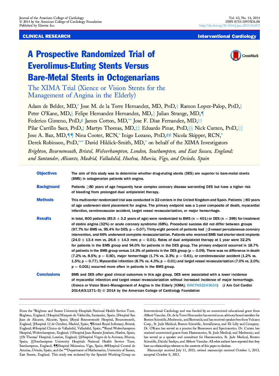 A Prospective Randomized Trial of Everolimus-Eluting Stents Versus Bare-Metal Stents in Octogenarians : The XIMA Trial (Xience or Vision Stents for the Management of Angina in the Elderly)