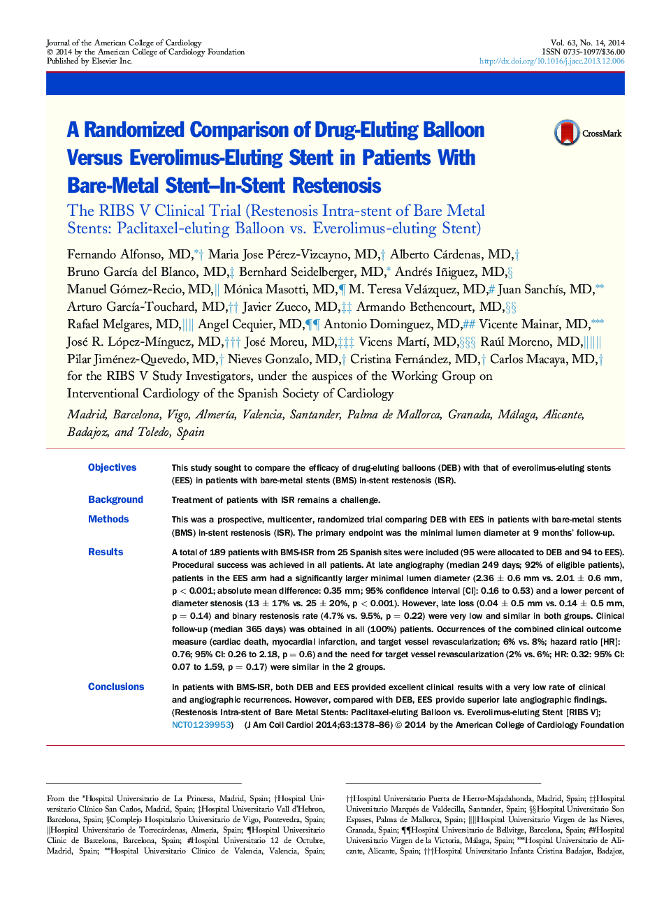 A Randomized Comparison of Drug-Eluting Balloon Versus Everolimus-Eluting Stent in Patients With Bare-Metal Stent–In-Stent Restenosis : The RIBS V Clinical Trial (Restenosis Intra-stent of Bare Metal Stents: Paclitaxel-eluting Balloon vs. Everolimus-eluti