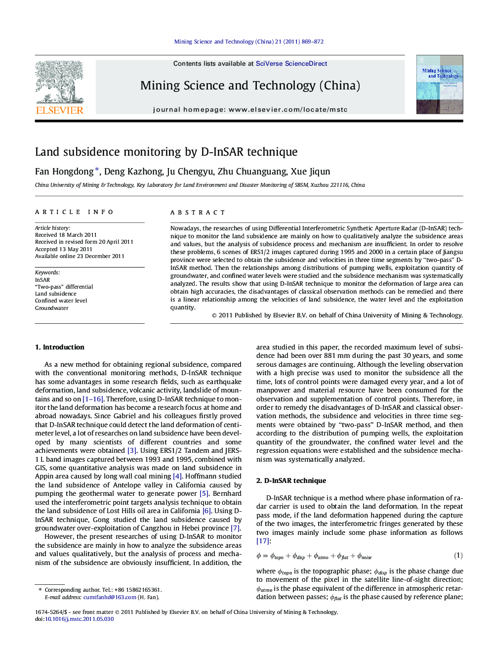 Land subsidence monitoring by D-InSAR technique