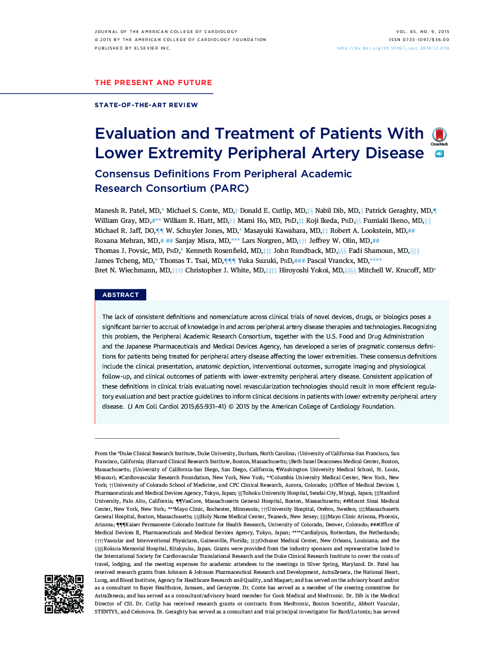 Evaluation and Treatment of Patients With Lower Extremity Peripheral Artery Disease : Consensus Definitions From Peripheral Academic Research Consortium (PARC)