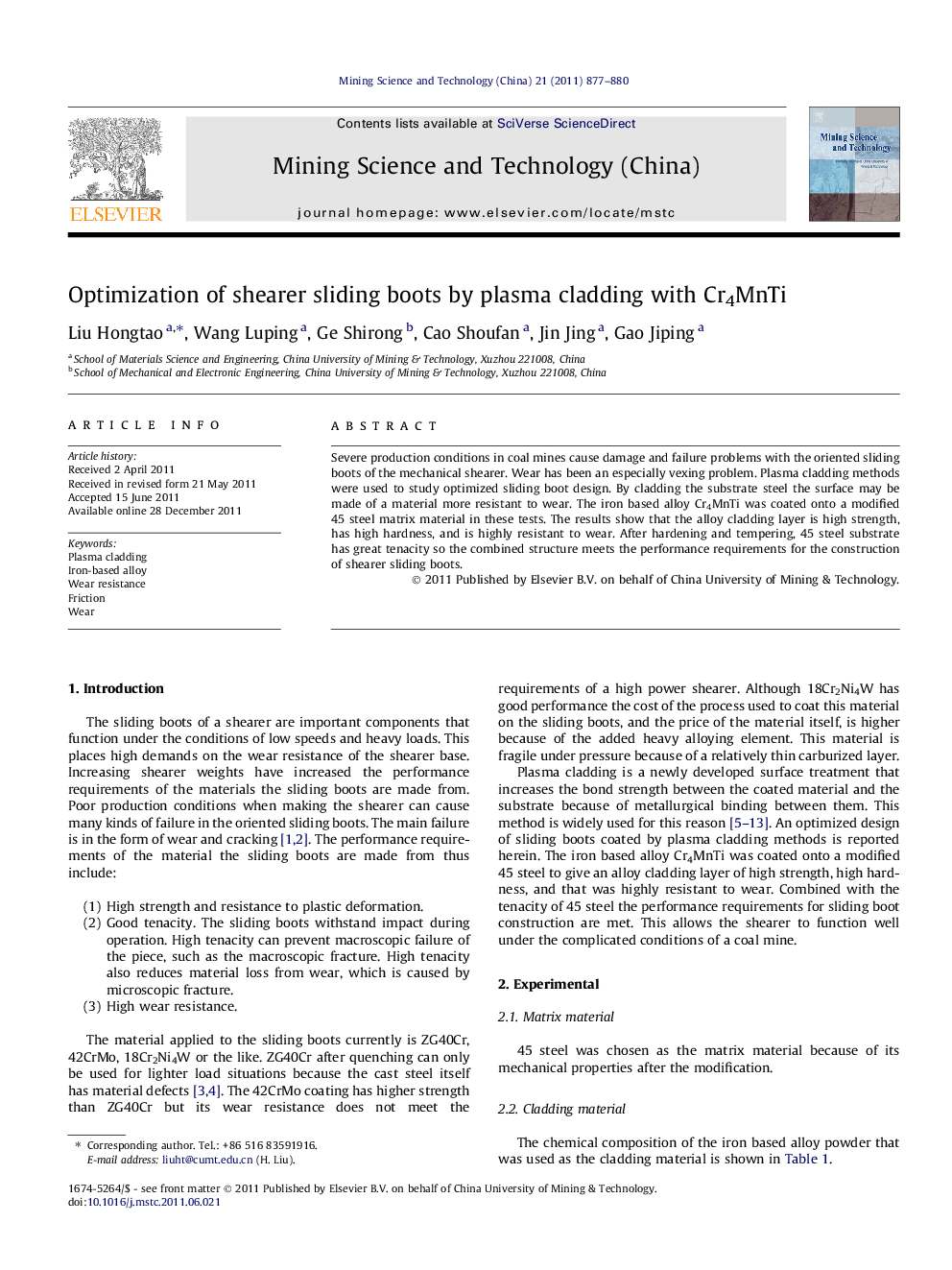 Optimization of shearer sliding boots by plasma cladding with Cr4MnTi