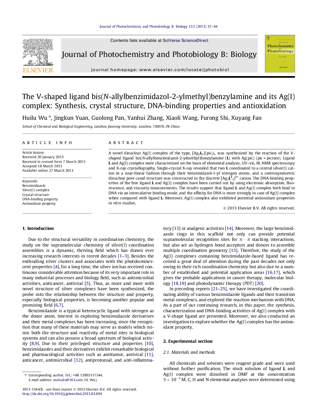 The V-shaped ligand bis(N-allylbenzimidazol-2-ylmethyl)benzylamine and its Ag(I) complex: Synthesis, crystal structure, DNA-binding properties and antioxidation