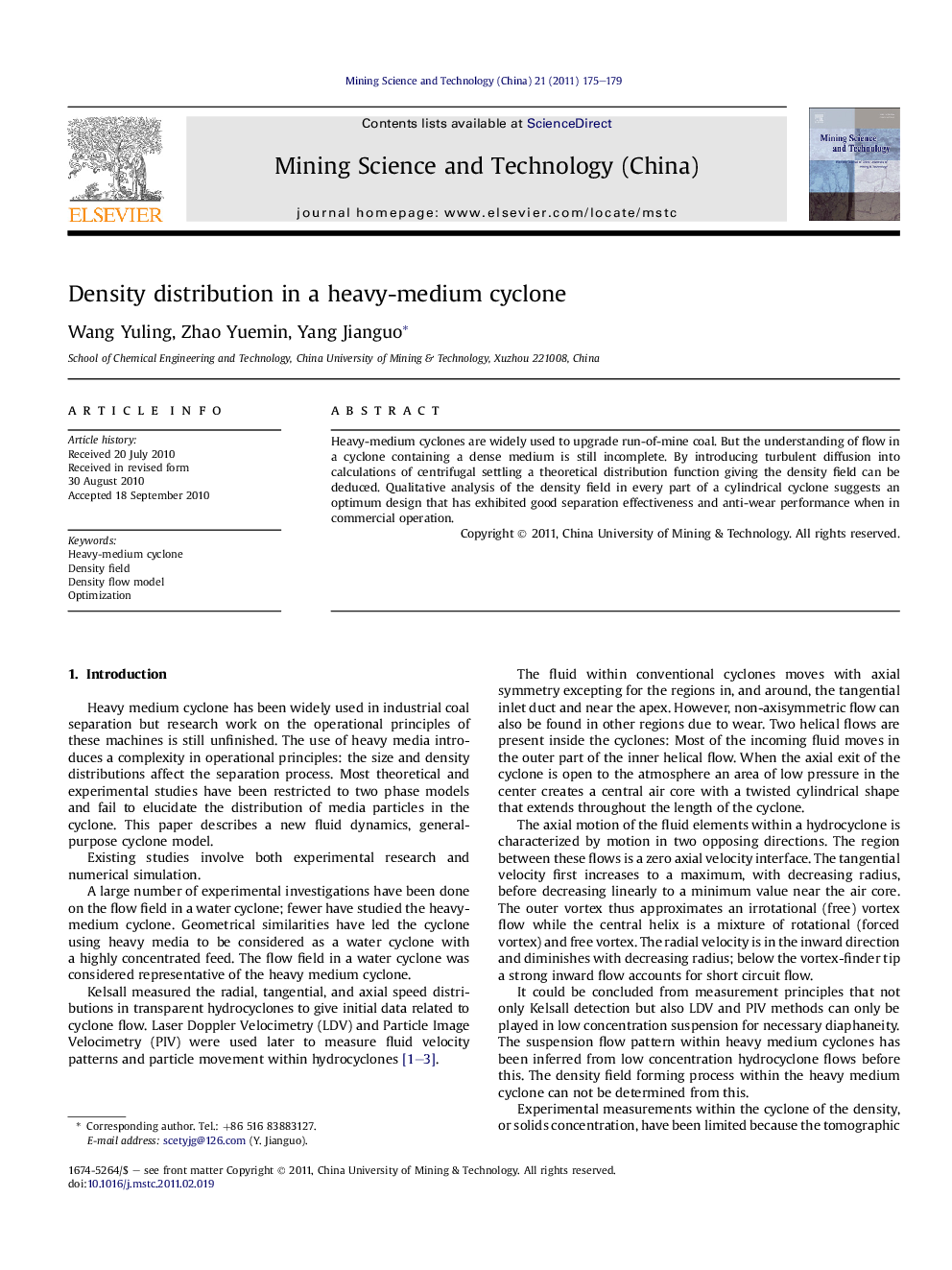 عکس صفحه اول مقاله: Density distribution in a heavy-medium cyclone Density distribution in a heavy-medium cyclone