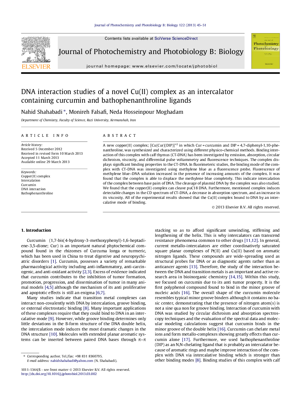 DNA interaction studies of a novel Cu(II) complex as an intercalator containing curcumin and bathophenanthroline ligands