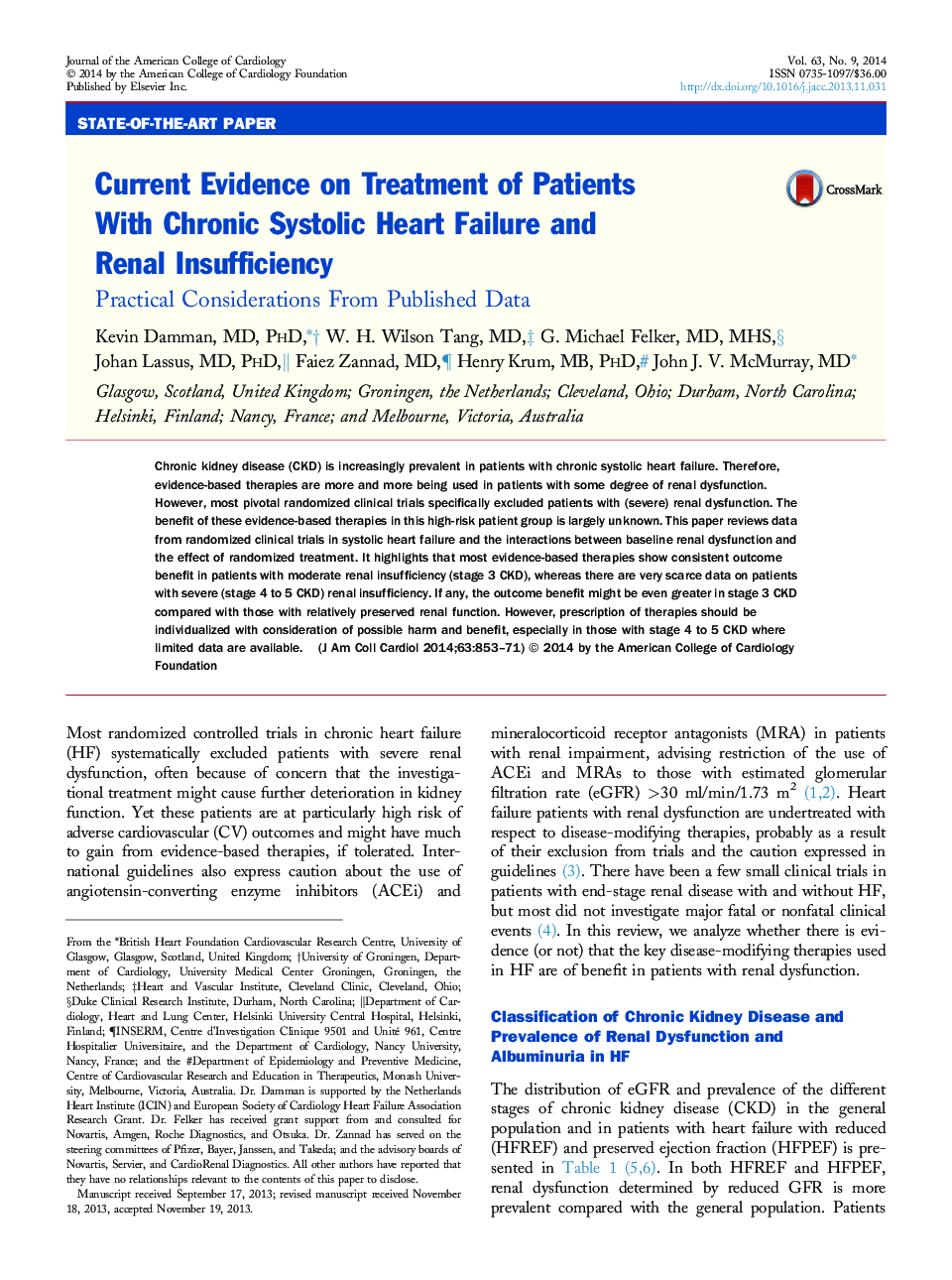 Current Evidence on Treatment of Patients With Chronic Systolic Heart Failure and Renal Insufficiency : Practical Considerations From Published Data