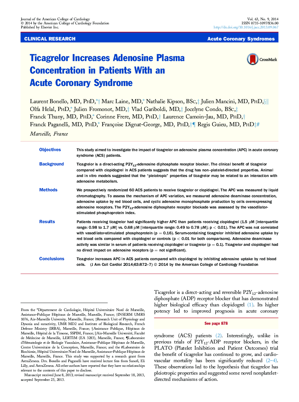 Ticagrelor Increases Adenosine Plasma Concentration in Patients With an Acute Coronary Syndrome 