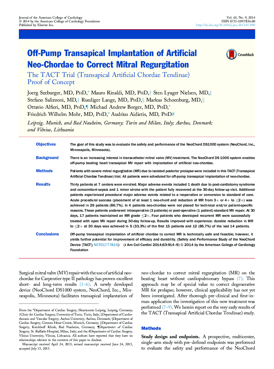 Off-Pump Transapical Implantation of Artificial Neo-Chordae to Correct Mitral Regurgitation : The TACT Trial (Transapical Artificial Chordae Tendinae) Proof of Concept