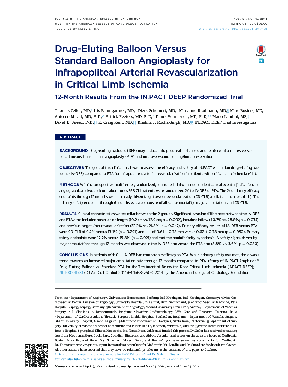 Drug-Eluting Balloon Versus Standard Balloon Angioplasty for Infrapopliteal Arterial Revascularization in Critical Limb Ischemia : 12-Month Results From the IN.PACT DEEP Randomized Trial