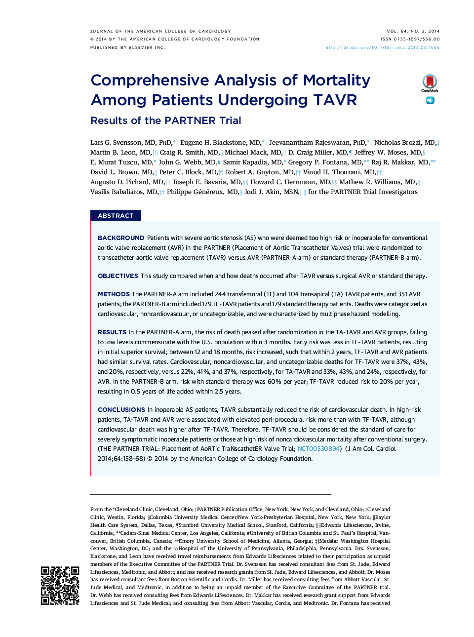 Comprehensive Analysis of Mortality Among Patients Undergoing TAVR : Results of the PARTNER Trial