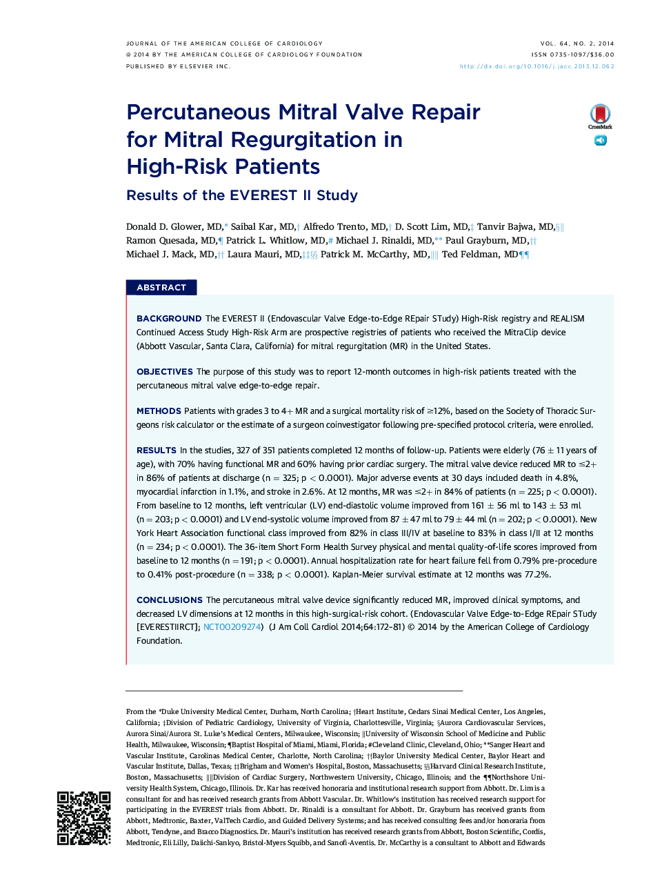 Percutaneous Mitral Valve Repair for Mitral Regurgitation in High-Risk Patients : Results of the EVEREST II Study