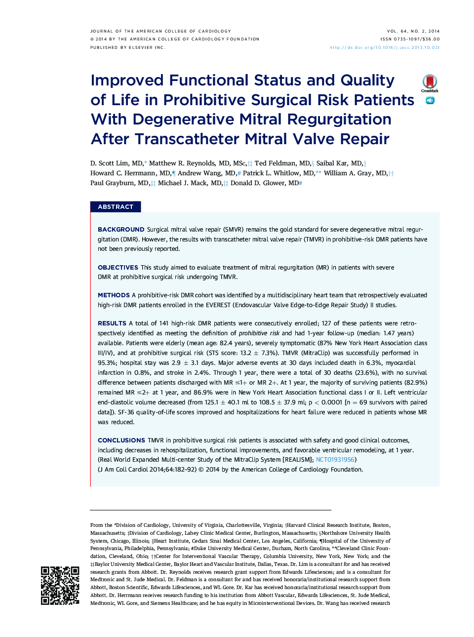 Improved Functional Status and Quality of Life in Prohibitive Surgical Risk Patients With Degenerative Mitral Regurgitation After Transcatheter Mitral Valve Repair 