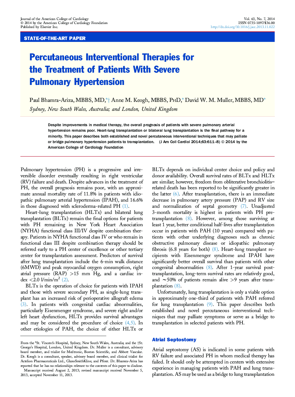 Percutaneous Interventional Therapies for the Treatment of Patients With Severe Pulmonary Hypertension 