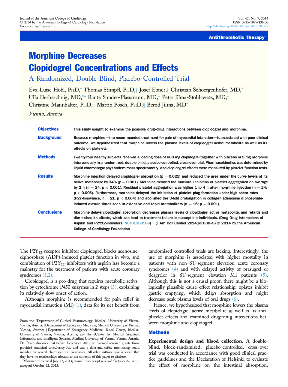 Morphine Decreases Clopidogrel Concentrations and Effects : A Randomized, Double-Blind, Placebo-Controlled Trial