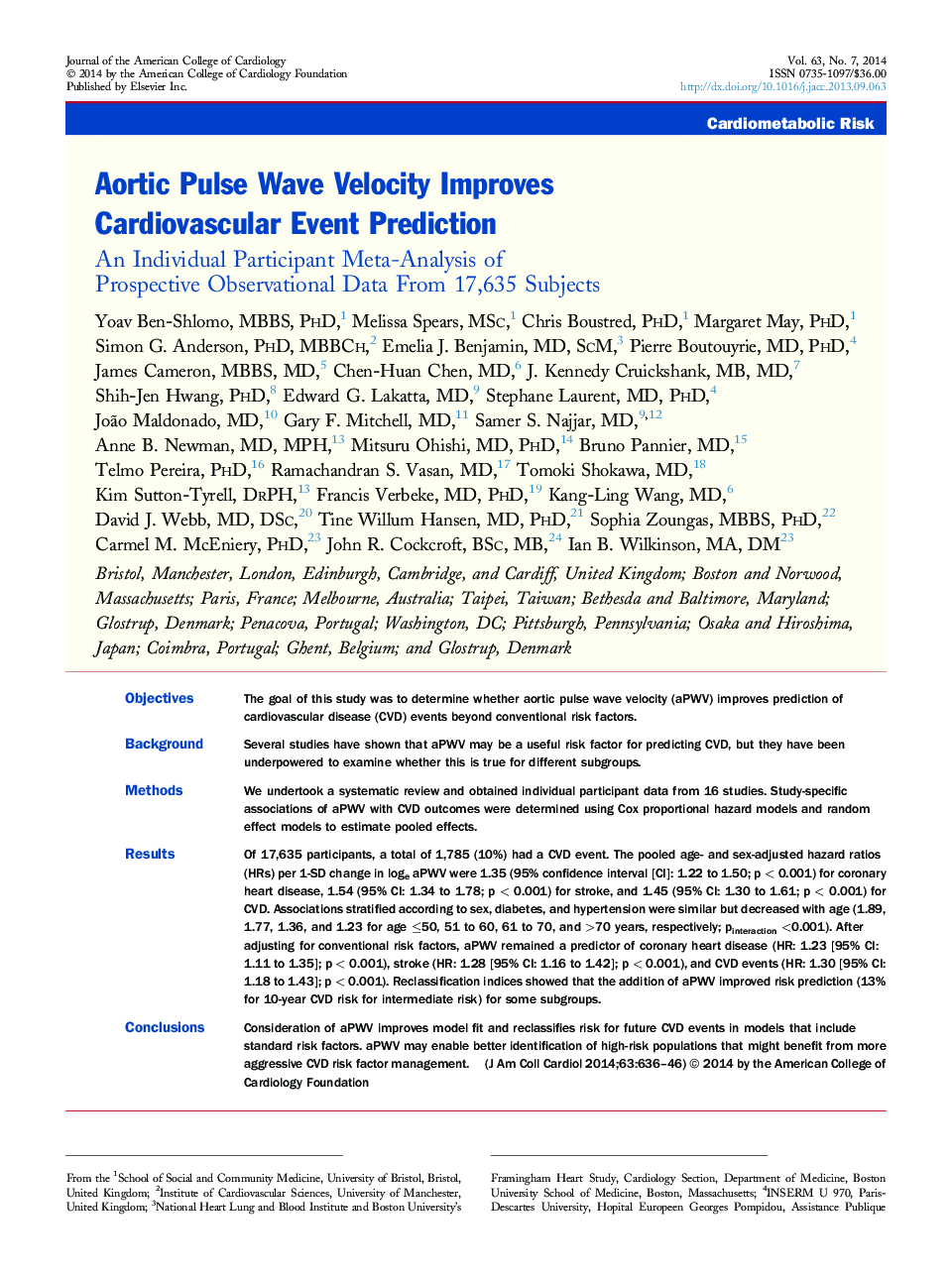 Aortic Pulse Wave Velocity Improves Cardiovascular Event Prediction : An Individual Participant Meta-Analysis of Prospective Observational Data From 17,635 Subjects