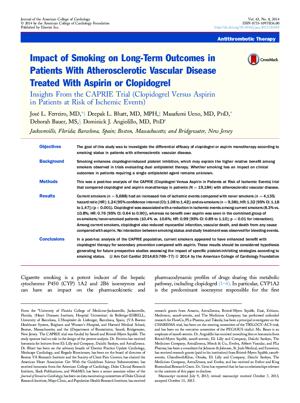 Impact of Smoking on Long-Term Outcomes in Patients With Atherosclerotic Vascular Disease Treated With Aspirin or Clopidogrel : Insights From the CAPRIE Trial (Clopidogrel Versus Aspirin in Patients at Risk of Ischemic Events)