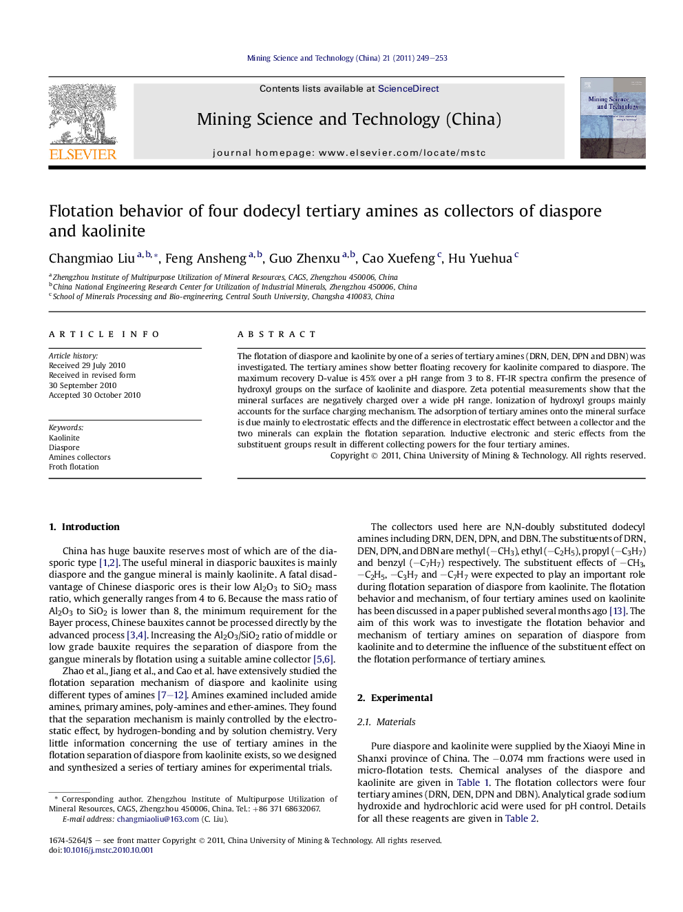 Flotation behavior of four dodecyl tertiary amines as collectors of diaspore and kaolinite