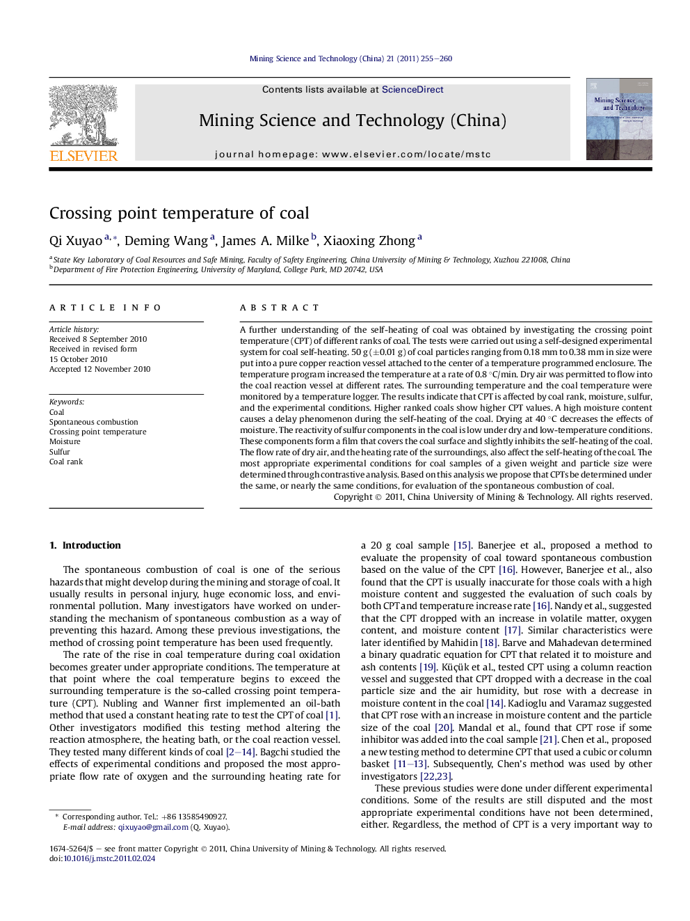 Crossing point temperature of coal