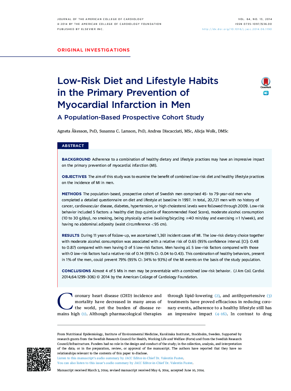 Low-Risk Diet and Lifestyle Habits in the Primary Prevention of Myocardial Infarction in Men : A Population-Based Prospective Cohort Study