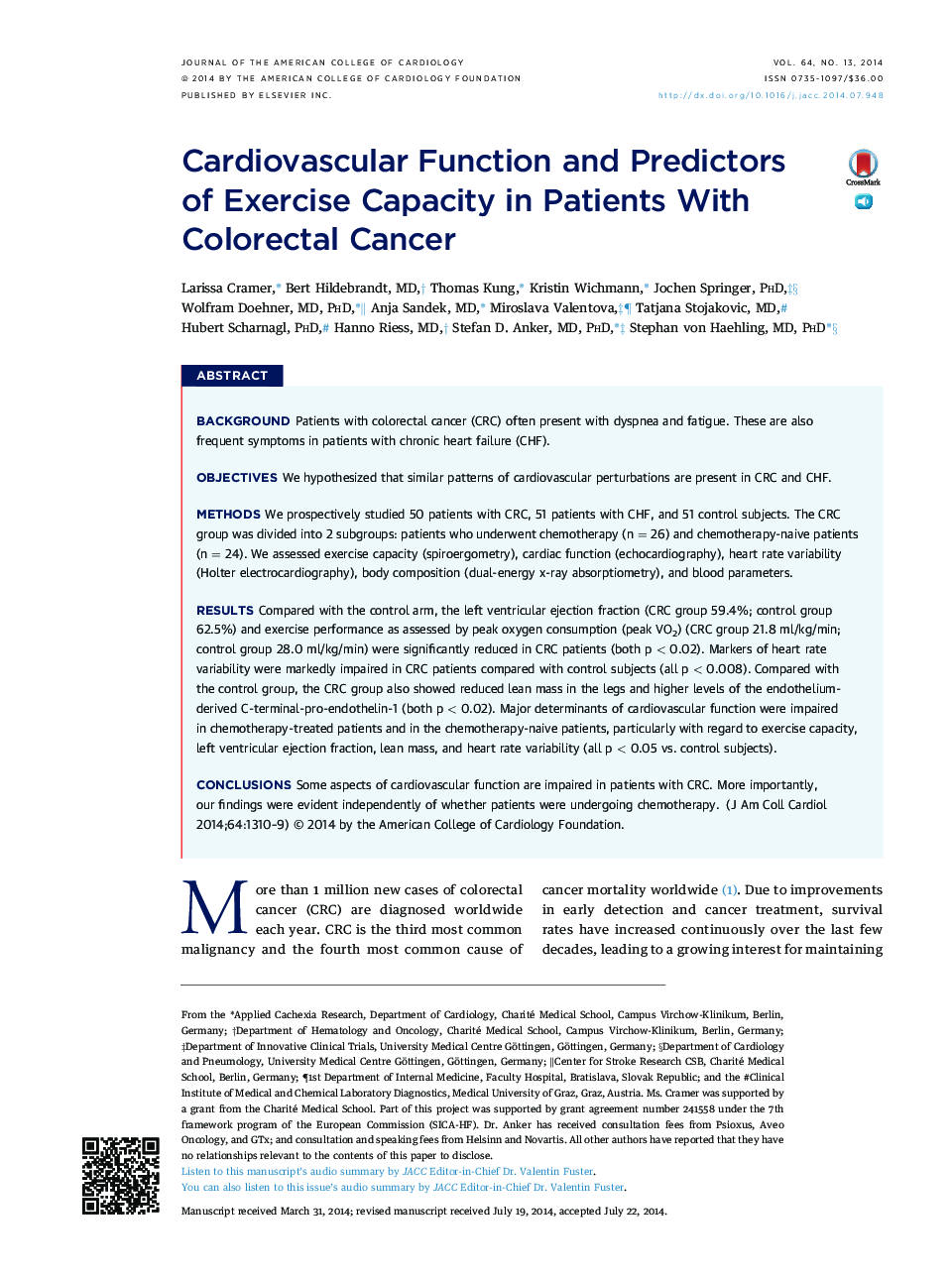 Cardiovascular Function and Predictors of Exercise Capacity in Patients With Colorectal Cancer 