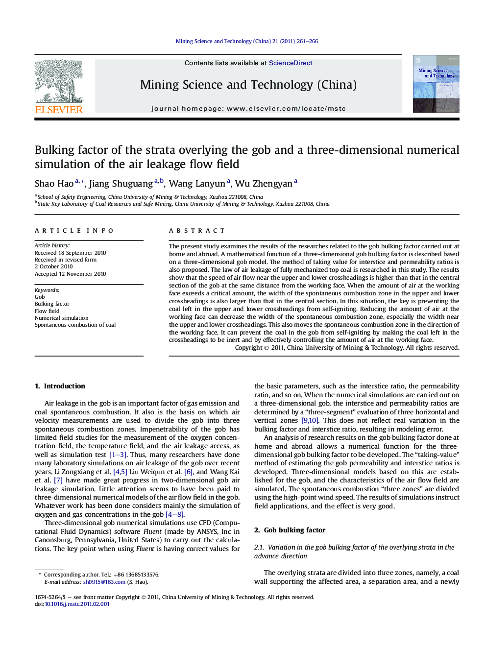 Bulking factor of the strata overlying the gob and a three-dimensional numerical simulation of the air leakage flow field