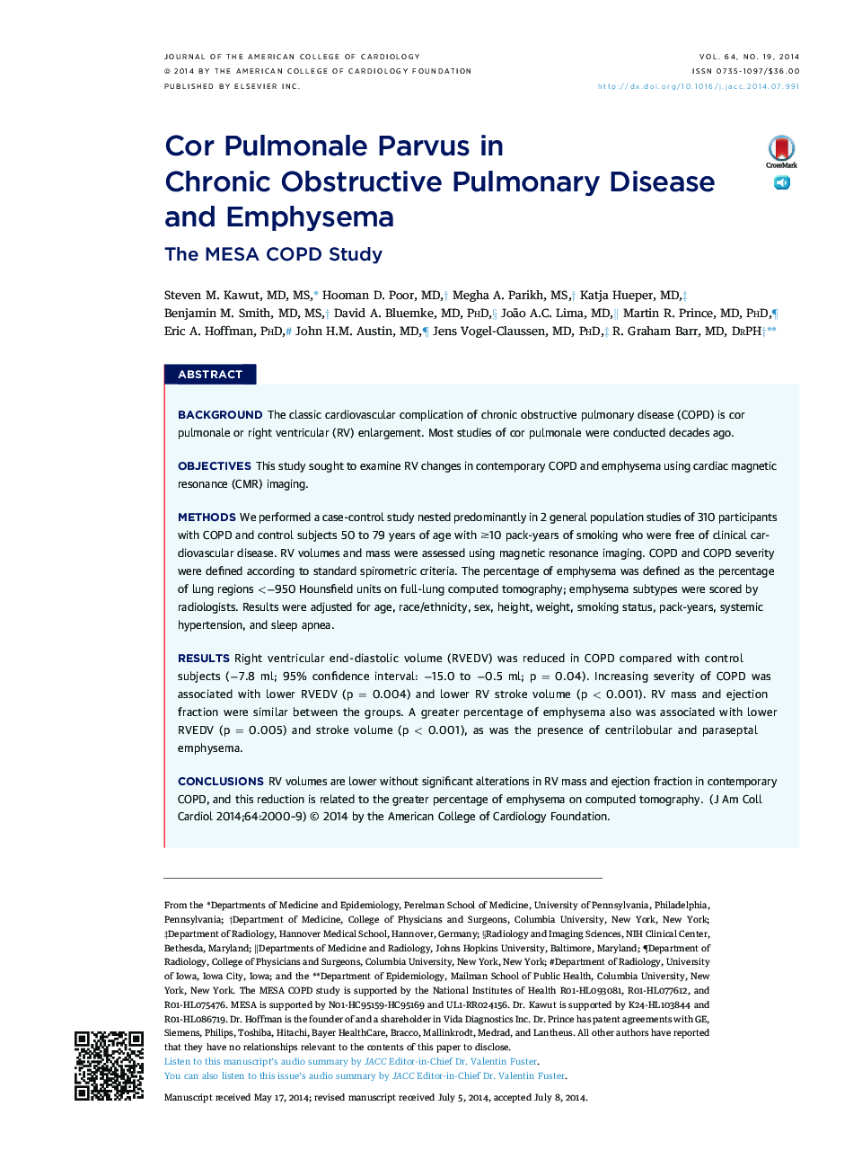 Cor Pulmonale Parvus in Chronic Obstructive Pulmonary Disease and Emphysema : The MESA COPD Study