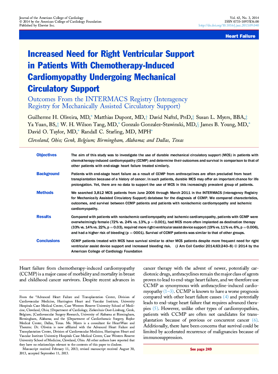 Increased Need for Right Ventricular Support in Patients With Chemotherapy-Induced Cardiomyopathy Undergoing Mechanical Circulatory Support : Outcomes From the INTERMACS Registry (Interagency Registry for Mechanically Assisted Circulatory Support)