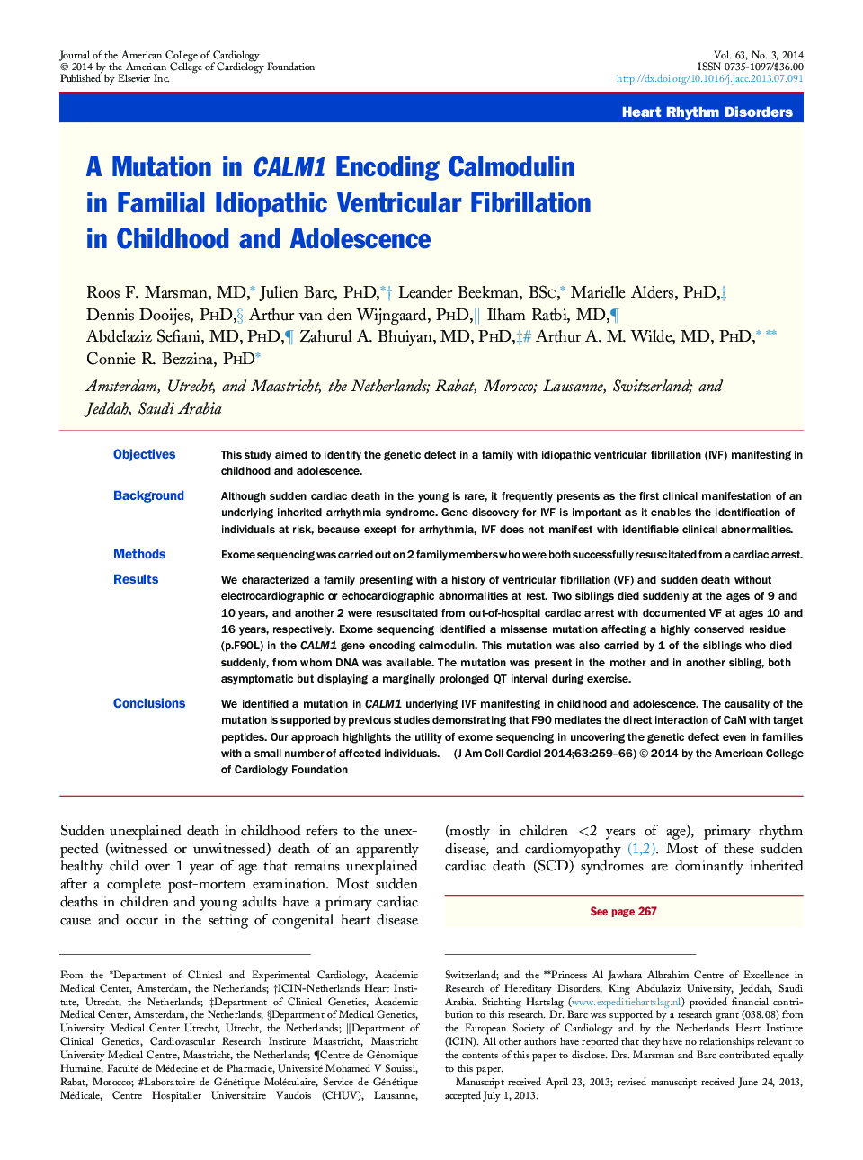 A Mutation in CALM1 Encoding Calmodulin in Familial Idiopathic Ventricular Fibrillation in Childhood and Adolescence 