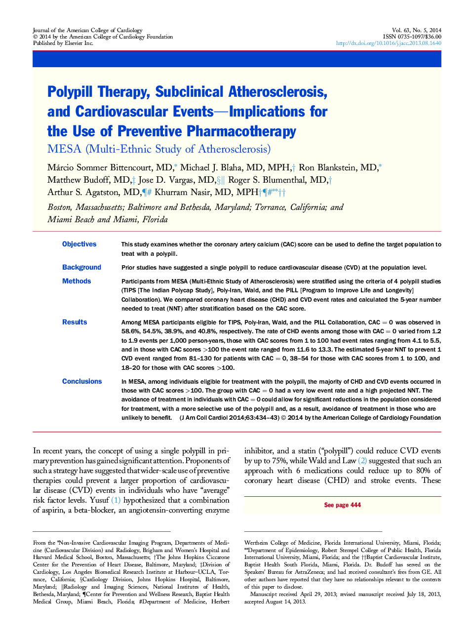 Polypill Therapy, Subclinical Atherosclerosis, and Cardiovascular Events—Implications for the Use of Preventive Pharmacotherapy : MESA (Multi-Ethnic Study of Atherosclerosis)