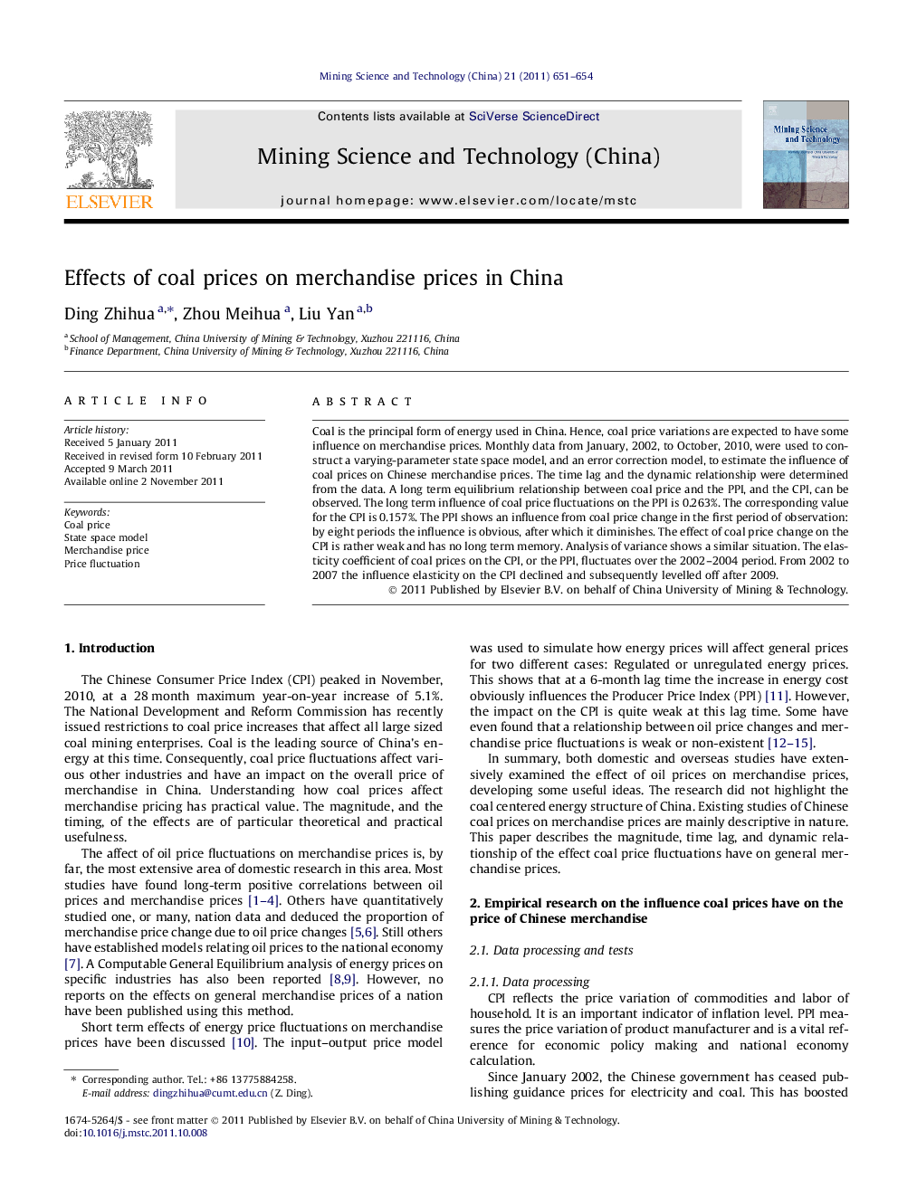 Effects of coal prices on merchandise prices in China