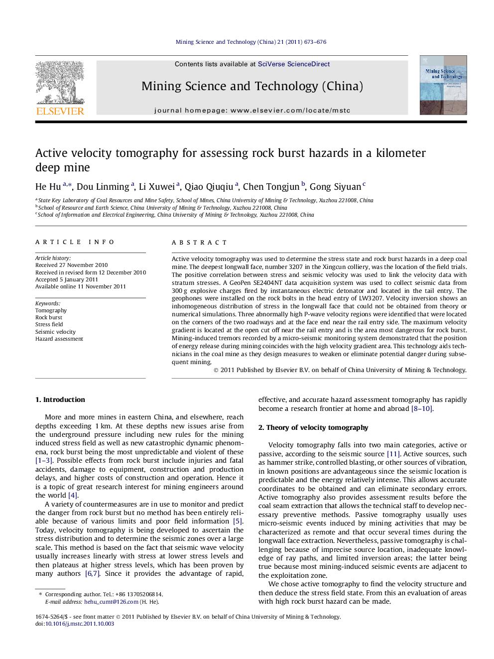 Active velocity tomography for assessing rock burst hazards in a kilometer deep mine