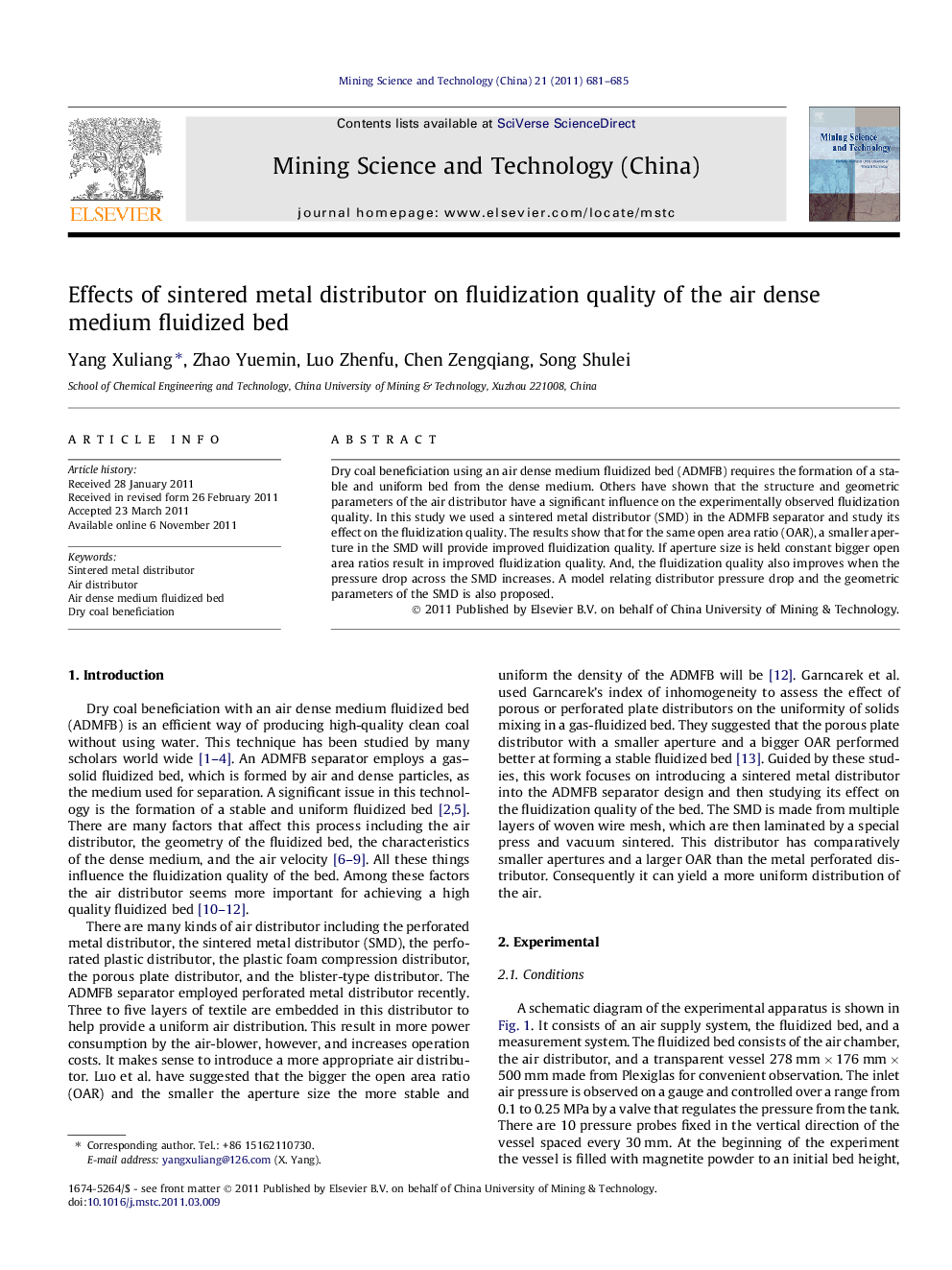 Effects of sintered metal distributor on fluidization quality of the air dense medium fluidized bed